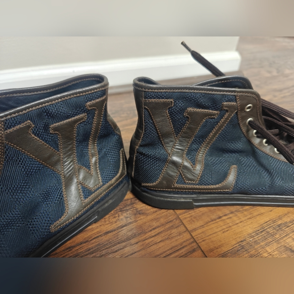 LOUIS VUITTON Brown/Blue Damier Ebene Canvas&Leather High Top Sneakers, Size 9.5 - Picture 6 of 8